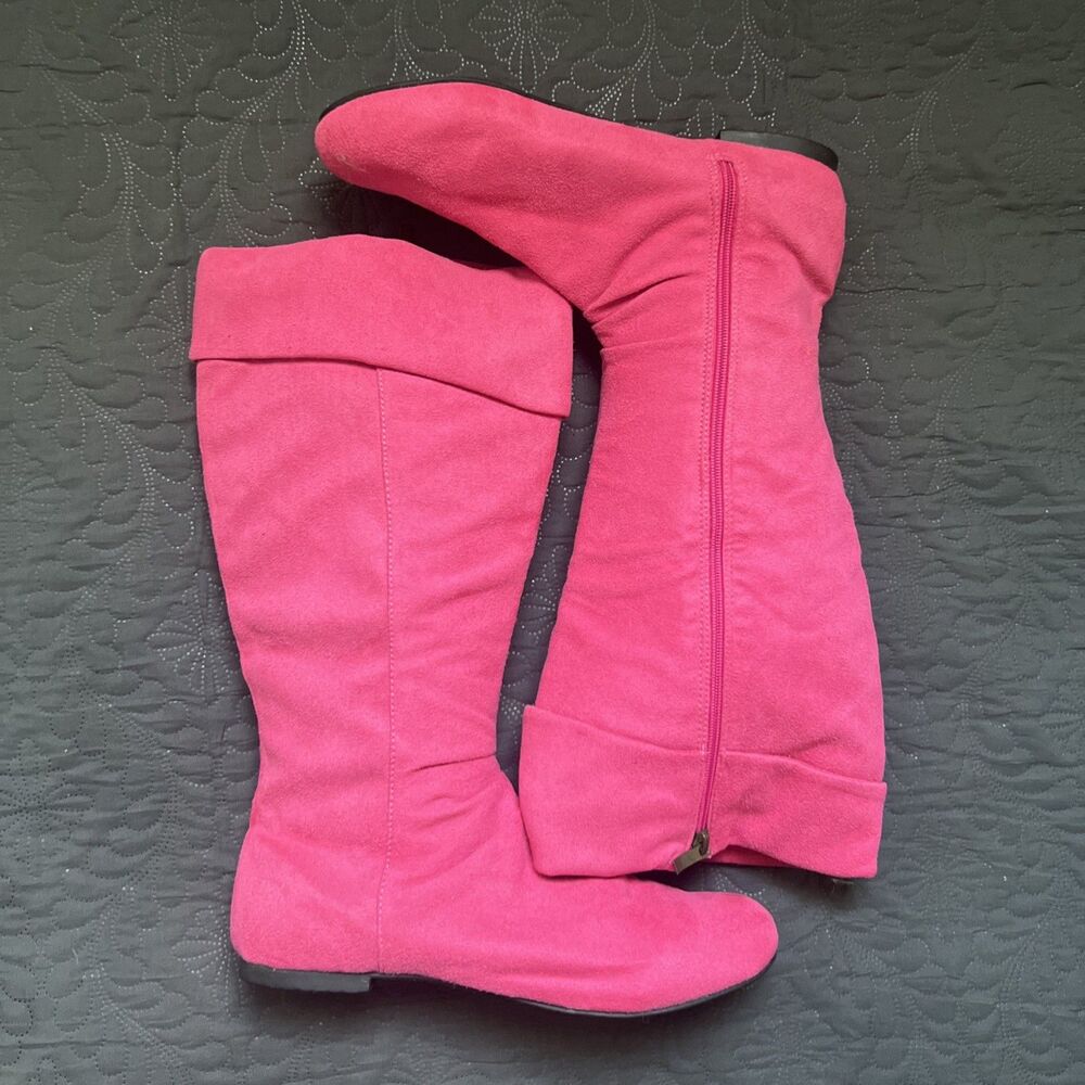 Kalli Fuchsia Hot Pink Faux Suede Knee High Slouch Boots US11 Fall Winter Chic
